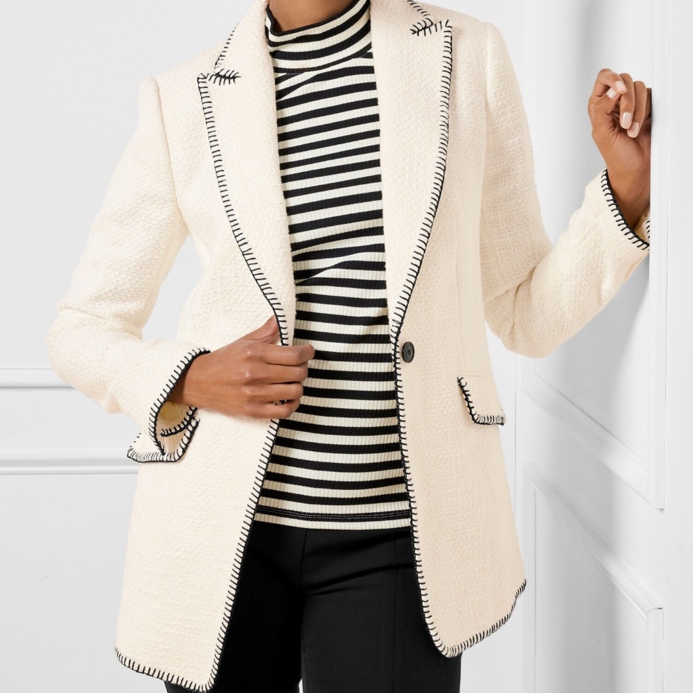 Talbot Cream and Black Cotton Tweed Classic Blazer Contrast Stitch Size 4 P